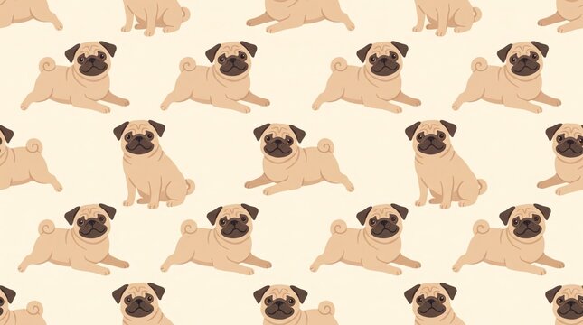 Adorable pug puppy pattern repeated seamlessly across soft pastel wallpaper background design