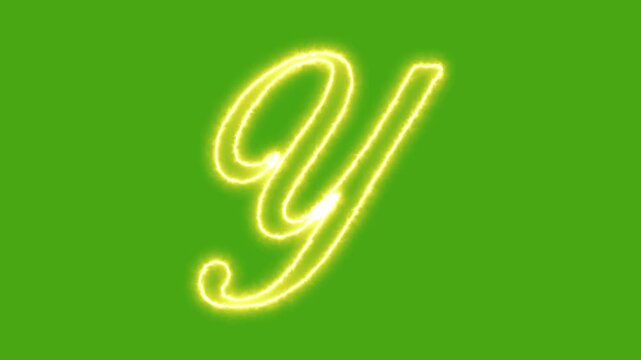 Glowing neon letter y animation on green screen, script alphabet character for motion