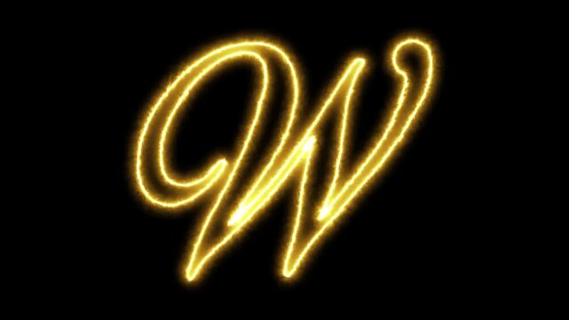 Glowing neon letter w animation, golden script alphabet character on black background