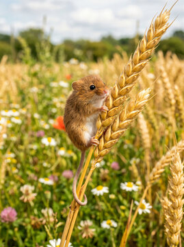 A tiny harvest mouse climbing on a stalk of wheat in a summer meadow.