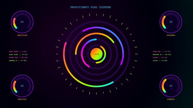 Digital competency mapping user interface displays glowing circular graphical elements with bright neon lights featuring intricate data streams across three distinct segments of the computer monitor