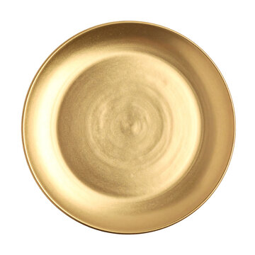 Golden plate top view circular metallic dish elegant kitchenware luxury tableware shiny surface decorative object empty round food platter isolated studio item&nbsp;