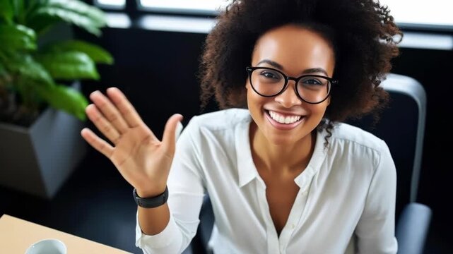 Smiling African American woman with curly hair and glasses waving in a friendly greeting