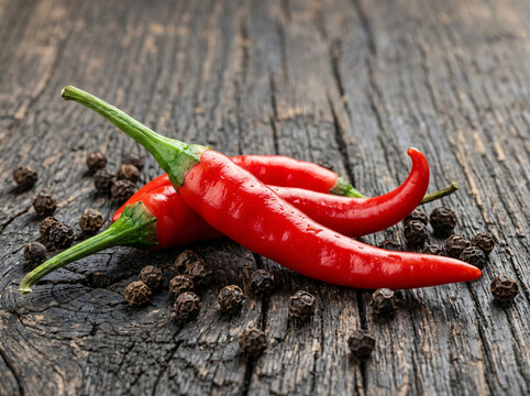 Fresh red chili peppers with black peppercorns on a rustic wooden table.