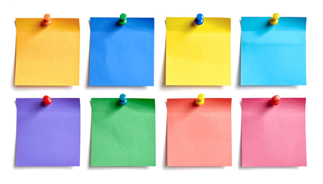 Sticky notes collection showing eight colorful paper sheets with metallic push pins for office organization and creative planning&nbsp;