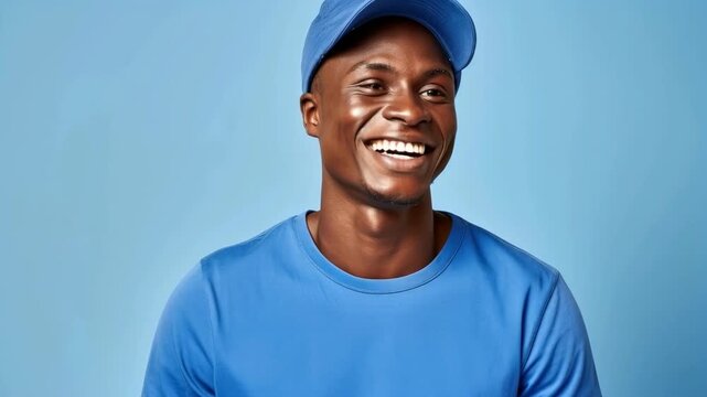 Smiling Young African Man in Blue T-shirt and Baseball Cap