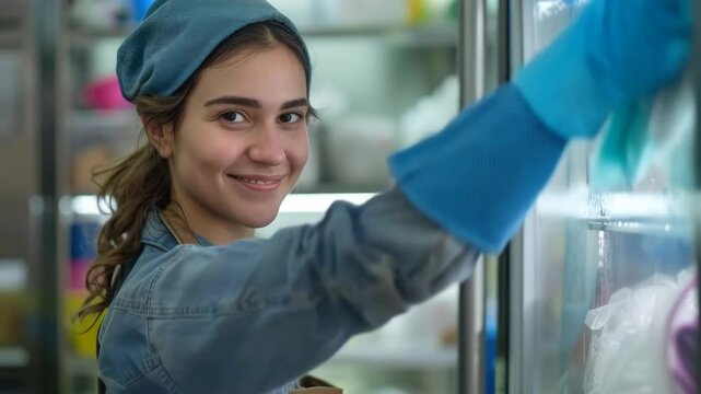 Smiling Woman Reaching for Products in a Supermarket Freezer