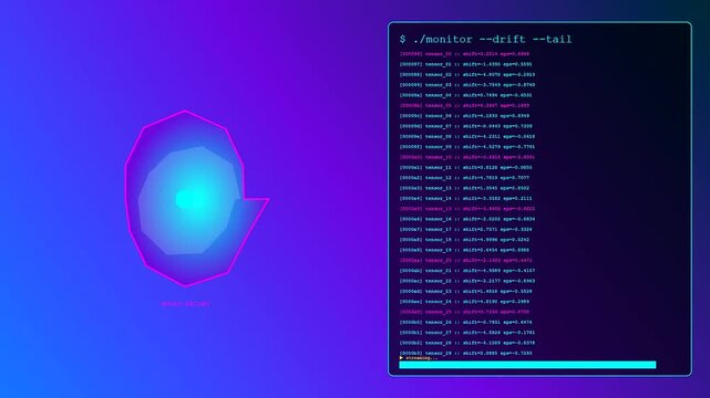 Monitoring model drift within a digital terminal interface displaying cascading data points against a vibrant purple and blue gradient field illustrating computational software analytical processes