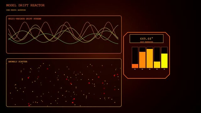 A sequence showing model drift reactor panels displaying data updates with fluctuating sine wave charts and shifting scatter points on a dark digital interface screen frame