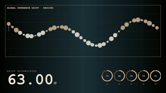 Monitoring model drift through evolving graphical data streams represented by a series of oscillating circles and numerical counters displayed on a dark virtual interface screen