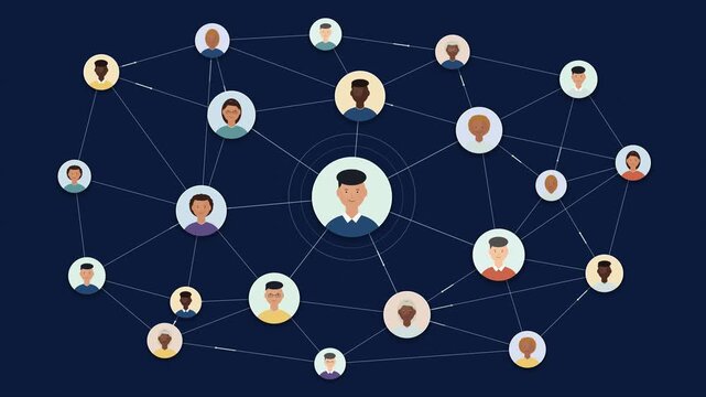 A flat vector illustration showing a digital network of diverse interconnected people connected together