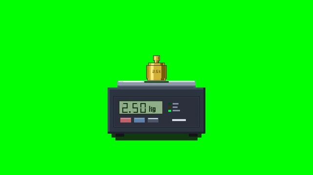 A crisp pixel art digital weighing scale featuring a realistic brass calibration weight lowering onto the platter, with counting 7-segment LCD readout on a pure chroma key green