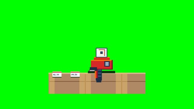High-quality pixel art price tag gun stamping price stickers on a pure green chroma key
