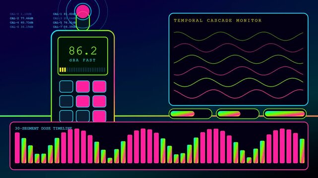 A digital decibel meter display shows fluctuating sound waves across three rhythmic panels illustrating oscillating audio frequency levels during a sophisticated real time monitoring session loop