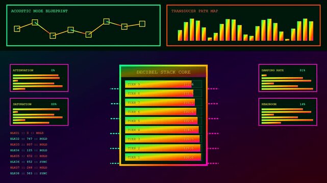 A digital decibel meter display shows flickering colorful sound levels and data nodes for audio monitoring within this dark interface environment set for creative media projects