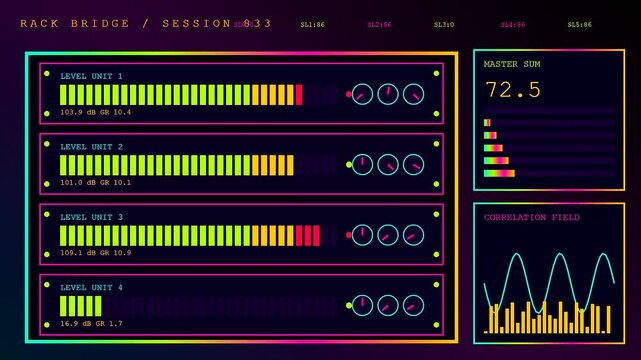 A digital decibel meter display shows flickering colorful audio signal bars moving across a dark screen panel during an active session of electronic data processing