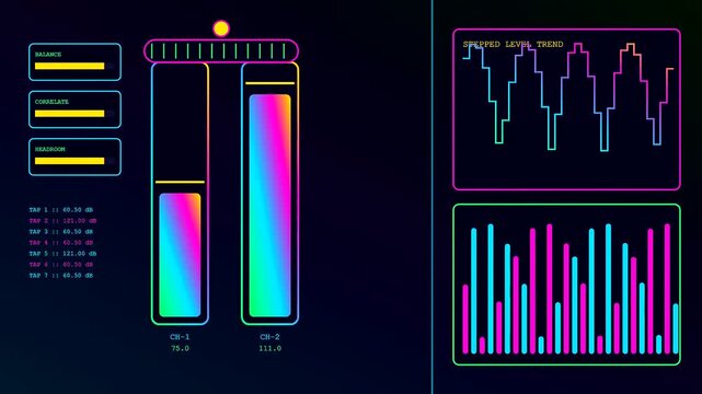 Digital decibel meter interface displays glowing neon bar graphs on a dark background showing audio amplitude metrics for music studio production and sound signal analysis monitoring