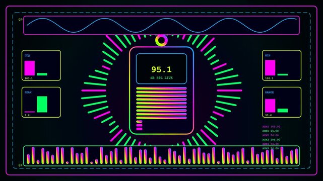 A digital decibel meter interface fluctuates in real time showing sound levels across three screens with glowing neon waves and vibrant frequency bars for audio monitoring