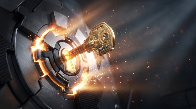 Bright golden key turning a heavy puzzle vault mechanism symbolizing unlocking immense wealth and hidden financial opportunities