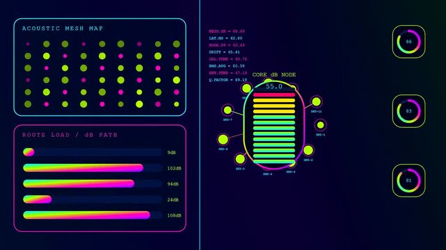 A decibel meter interface displays oscillating signal levels across multiple digital panels that animate in a synchronized loop for complex sound and audio frequency visual data