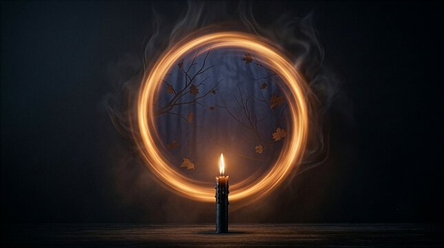 Glowing Golden Magical Circle with a Lit Candle in a Dark Mystical Atmosphere