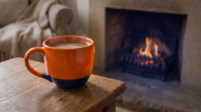 Cozy orange mug of hot drink on wooden table by roaring fireplace  