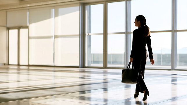 新入社員 入社式の朝 オフィスロビーを歩く日本人女性 後ろ姿

