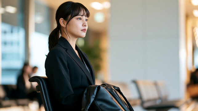 就職活動 面接の待合で順番を待つ日本人女性 リクルートスーツ

