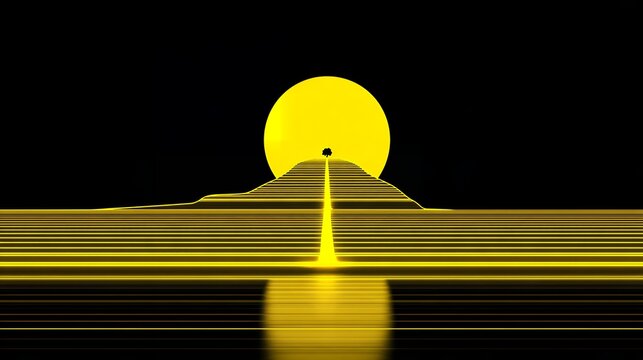 Yellow neon wireframe landscape with glowing sun, retro futuristic 80s outrun background graphic for autumn digital art overlays