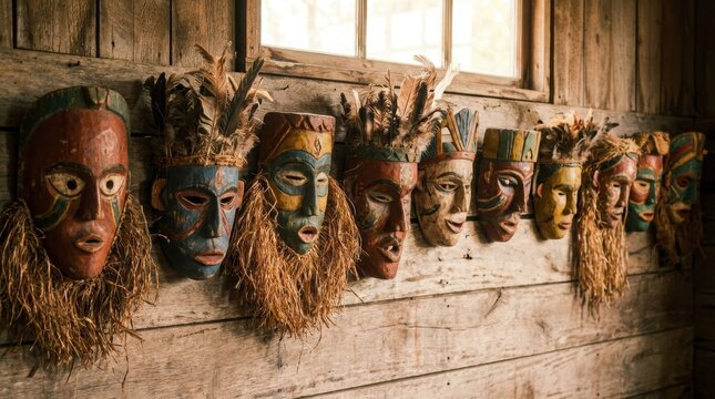 Row of carved wooden tribal masks with painted faces, feathers and raffia hanging on a rustic timber wall under a window. Handmade ceremonial mask collection. Folk art and cultural heritage.