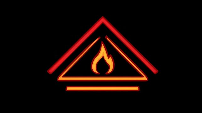 Glowing neon red triangle with fire flame symbol inside, futuristic cyber warning sign element for dark autumn background overlays