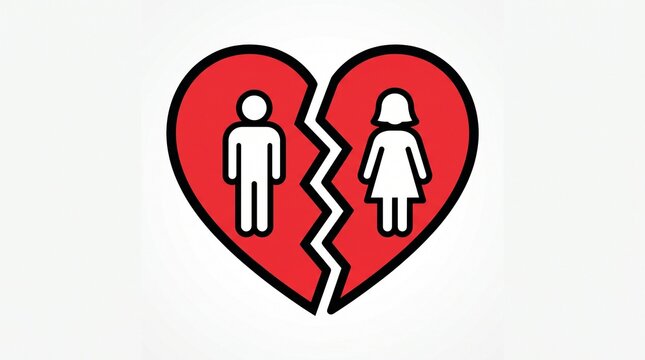 A broken heart icon, split in two. One half features a simple male silhouette icon, and the other half features a simple female silhouette icon. Modern flat design, red and white color scheme,