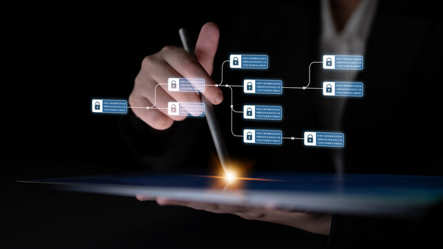 Blockchain structure showing distributed data blocks linked with encryption, representing secure transaction verification, decentralized control, and immutable record system Latch