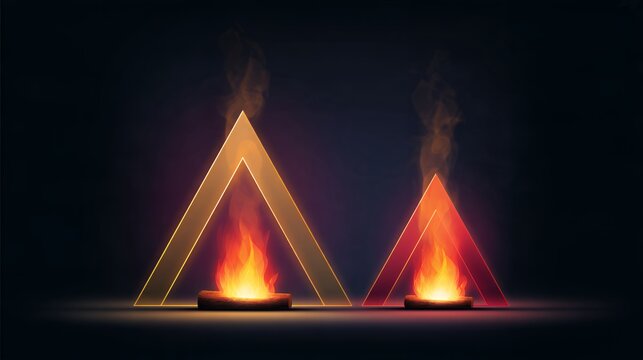 two glowing neon triangles with small burning campfires inside, abstract autumn graphic overlay elements on dark backdrop