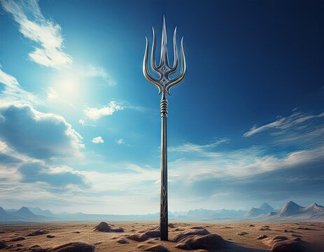 single trident standing upright on open ground under bright blue sky