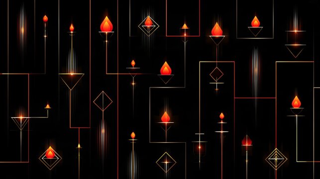 abstract geometric network of glowing lines and small flames in diamond shapes, autumn themed digital overlay element on dark