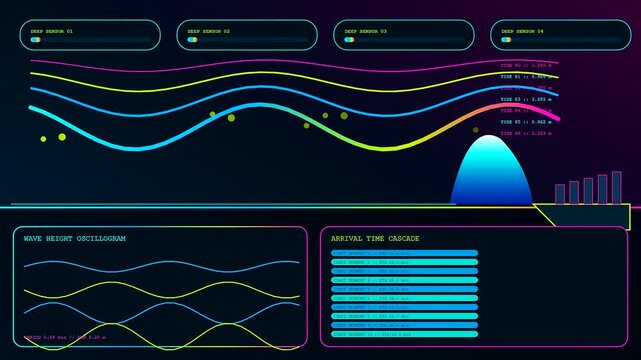 a colorful catastrophe mapping display shows dynamic wave patterns with motion graphs and sensor feedback visuals changing constantly within a simulated digital software interface for monitoring data