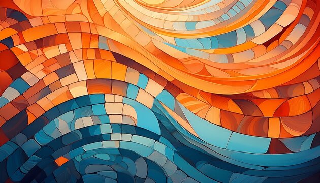 an abstract background featuring an orange and blue background in the style of mosaic like forms