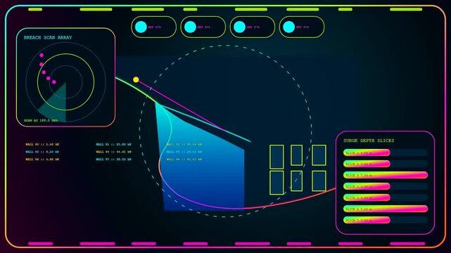 Catastrophe mapping visualization on a dark digital interface showing data flow and sensor grid status updates with glowing neon colors in a seamless loop