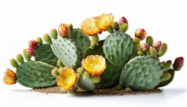prickly pear blooming cactus bush of isolated cutout object on white background