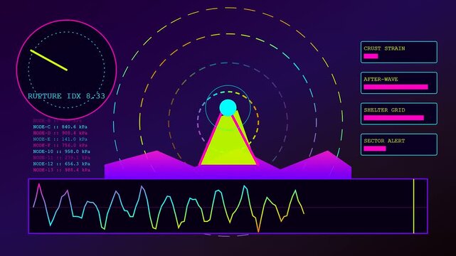 a colorful catastrophe mapping display shows seismic wave patterns oscillating within a futuristic interface design while data indicators pulse across three separate monitor frames simultaneously