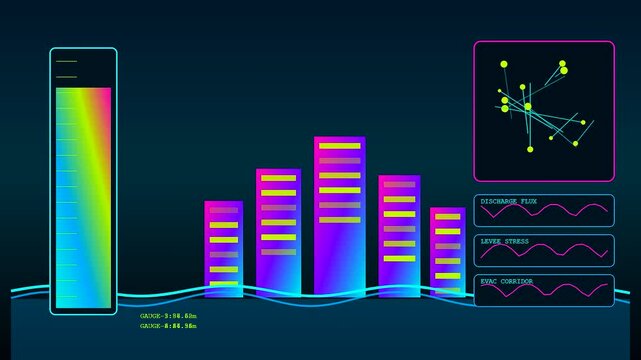 Digital catastrophe mapping displays showing changing urban flow metrics and rising water gauges as fluctuating wave patterns shift across dark blue interface screens in motion sequence