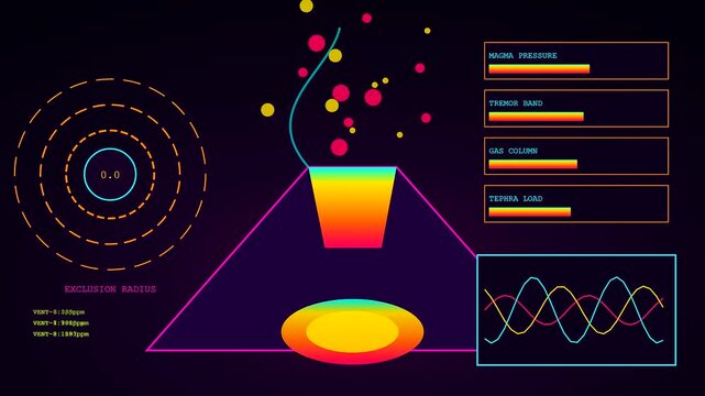 Catastrophe mapping visualization showing active volcanic data monitors and seismic wave patterns changing throughout this digital simulation of an unfolding geological disaster in a dark environment