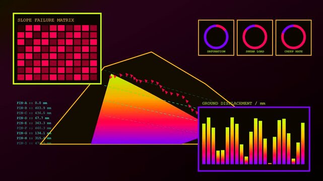 Digital catastrophe mapping interface display showing shifting terrain slope data with moving graphs and grid matrix panels representing hazardous earth movement in a modern dark setting