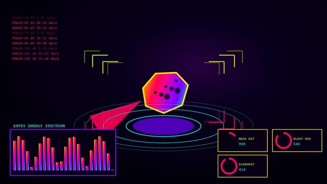 Catastrophe mapping display shows complex scientific data metrics for celestial object impact trajectory analysis on a dark glowing interface screen with multiple dynamic analytical interface panels