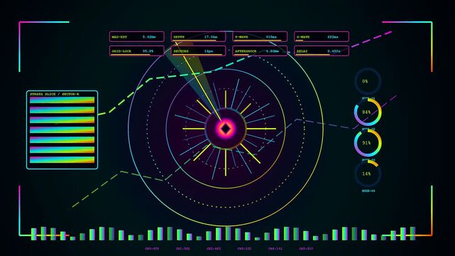 Catastrophe mapping display showing digital radar scanning layers of seismic data with circular graphs pulsating neon lights and glowing grid segments across a dark screen panel