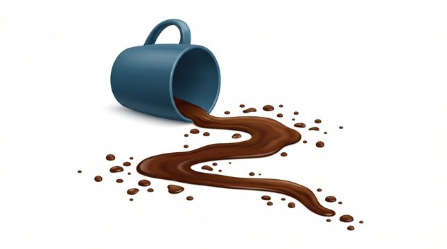 Spilled hot coffee or chocolate drink pouring out of a blue ceramic mug creating a dark brown liquid puddle on a clean white background