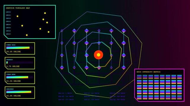 Catastrophe mapping display shows shifting geometric lines and flashing data points across a multi panel interface illustrating a complex emergency system responding to various failures