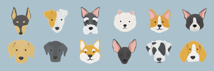 Fototapeta premium Vector illustration of various dog breeds' faces on a blue background.