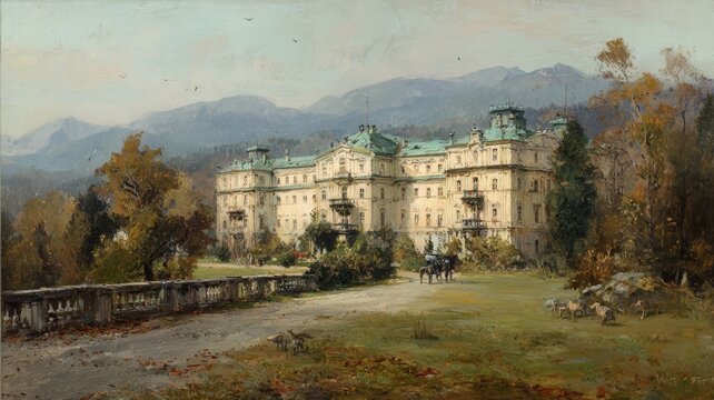 Classic oil painting of a majestic historic hotel nestled in a picturesque autumn mountain landscape with a horse-drawn carriage. Evokes elegance and nostalgia.
